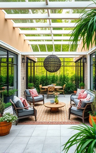 completed project, accomplished expression, offering a comprehensive tour, photorealistic, tastefully decorated outdoor patio with lush greenery, highly detailed, dynamic overview capturing the serene setting, full-HD resolution, vibrant natural hues, morning light, shot with a 16-35mm wide-angle lens