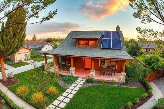 contemporary green home, focusing on ecofriendly materials, energy-efficient systems, photorealistic, suburban neighborhood with sustainable landscaping, highly detailed, solar panels on the roof, rainwater harvesting system, organic colors, golden hour lighting, shot with a fisheye lens