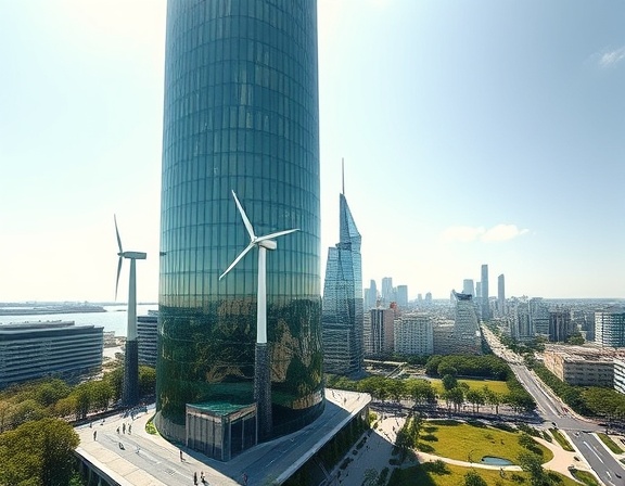 sleek green skyscraper, embodying sustainable practices, ecofriendly materials, photorealistic, set against an urban skyline with pedestrian pathways and parks, highly detailed, wind turbines and solar panels integrated, metallic and glassy textures, bright noon light, shot with a telephoto lens