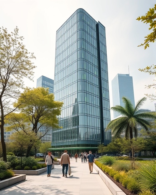 eco-friendly office tower, showcasing sustainable practices, energyefficient design, photorealistic, surrounded by landscaped gardens and high-tech facilities, highly detailed, pedestrians walking, tall glass windows with green accents, neutral tones, natural sunlight, shot with a tilt-shift lens