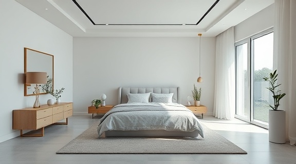 luxurious residential project, peaceful expression, emphasizing space utilization, photorealistic, spacious bedroom with minimalist decor, highly detailed, dynamic angle capturing light flow, 4K definition, neutral color scheme, ambient lighting, shot with a 24-70mm zoom lens